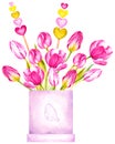 Watercolor Bouquet in a box with tulips, hearts
