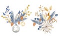 Watercolor bouquet, Christmas decorative composition. Winter holiday decorations. New Year illustration. Traditional