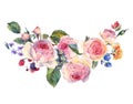 Watercolor bouquet of English roses and wildflowers Royalty Free Stock Photo