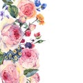 Watercolor bouquet of English roses and wildflowers Royalty Free Stock Photo