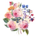 Watercolor bouquet of English rosesand wildflowers Royalty Free Stock Photo
