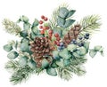 Watercolor bouquet with eucalyptus leaves, cone, fir branch and berries. Hand painted green brunch, red and blue berries Royalty Free Stock Photo