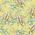 Watercolor bouquet field flowers on yellow background. Seamless pattern for design. Royalty Free Stock Photo