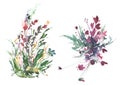 Watercolor bouquet of flowers, Beautiful abstract splash of paint, fashion illustration. Wild grass, flowers, poppy, pink