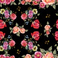 Watercolor bouquet flowers on a black background. Floral seamless pattern. Royalty Free Stock Photo