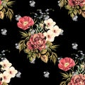 Watercolor bouquet flowers on black background. Seamless pattern for design. Royalty Free Stock Photo