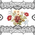 Watercolor bouquet flowers with black openwork. Seamless pattern for design.