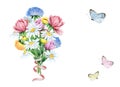 Watercolor bouquet of flowers and butterflies on white