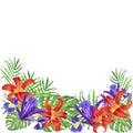 Watercolor bouquet flowers irises lilies palm leaves monstera