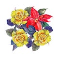 Watercolor bouquet flowers poinsettia with yellow roses. Illustration on a white background. Royalty Free Stock Photo