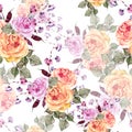 Watercolor bouquet flowers rose and haricot. Seamless pattern on a white background.