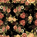 Watercolor bouquet flowers and shade on a black background. Floral seamless pattern. Royalty Free Stock Photo