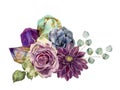 Watercolor bouquet of flowers, succulents, eucalyptus and gem stones. Hand drawn composition isolated on white