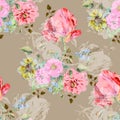 Watercolor bouquet flowers with tulip. Seamless pattern on a beige background.