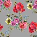 Watercolor bouquet flowers with tulip. Seamless pattern on a gray background. Royalty Free Stock Photo