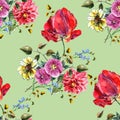 Watercolor bouquet flowers with tulip. Seamless pattern on a lime green background. Royalty Free Stock Photo