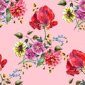 Watercolor bouquet flowers with tulip. Seamless pattern on a pink background. Royalty Free Stock Photo