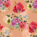 Watercolor bouquet flowers with tulip. Seamless pattern with shade on a bronze background. Royalty Free Stock Photo