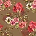 Watercolor bouquet flowers with tulip. Seamless pattern with shade on a ochre background. Royalty Free Stock Photo
