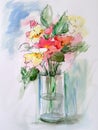 Spring watercolor flowers in vase hand painted watercolor artwork, with abstract background