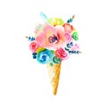 Watercolor bouquet of flowers in waffle cone. Hand painting ice cream with blue and pink roses. Fashion illustration. T