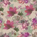 Watercolor bouquet leaves with rose. Floral seamless pattern for design.