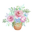 Watercolor bouquet of peonies in a basket