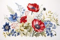 Watercolor bouquet of red and blue anemones on white background, floral painting with red, white, and blue flowers on a white Royalty Free Stock Photo