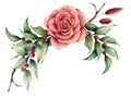 Watercolor bouquet with rose and berries. Hand painted floral illustration with pink flower, leaves, lagurus grass and