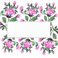 Watercolor. A bouquet of roses and buds in a rectangular frame. Invitation card for wedding, birthday and other holidays