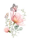 Watercolor bouquet with roses, eucalyptus and butterfly. Big transparent pink flowers with curved plants. Pastel bright