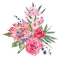 Watercolor bouquet of roses, protea and wildflowers Royalty Free Stock Photo