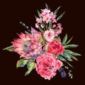 Watercolor bouquet of roses, protea and wildflowers