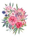 Watercolor bouquet of roses, protea and wildflowers