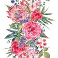 Watercolor bouquet of roses, protea and wildflowers Royalty Free Stock Photo