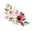 Watercolor bouquet of soft brown and burgundy roses and leaves. Botanic decoration illustration for wedding card, fabric, and logo