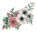 Watercolor bouquet with succulent, ranunculus and anemone. Hand painted flowers, eucaliptus leaves and succulent branch