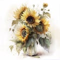 Watercolor bouquet of sunflowers in a vase. Watercolor autumn bouquet. Printable flower painting