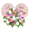 Watercolor bouquet of tulips with a heart, valentine`s day