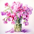 Watercolor Bouquet Of Wild Pink Sweet Peas And Violets