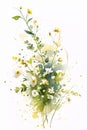 Watercolor bouquet of wildflowers. Printable minimalistic botanical artwork, neutral floral wall art, green herbs isolated on