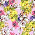 Watercolor bouquet willow and mimosa on a peach background. Seamless pattern.