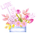 Watercolor Bouquet in a wooden box with tulips, gerberas, love