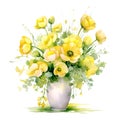 Watercolor bouquet of yellow buttercups in a vase