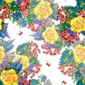 Watercolor bouquet yellow rose with different berry. Seamless pattern.