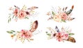 Watercolor Bouquets Collection with hand painted delicate leaves, pink flowers, roses, feathers Romantic boho floral Royalty Free Stock Photo