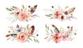 Watercolor Bouquets Collection with hand painted delicate leaves, pink flowers, roses, feathers Romantic boho floral Royalty Free Stock Photo