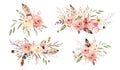 Watercolor Bouquets Collection with hand painted delicate leaves, pink flowers, roses, feathers Romantic boho floral Royalty Free Stock Photo