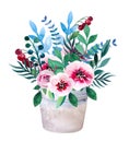 Watercolor bouquets of flowers in pot. Rustic