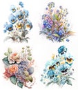 Watercolor bouquets with pansy flowers, forget-me-nots and roses. Floral set on white background